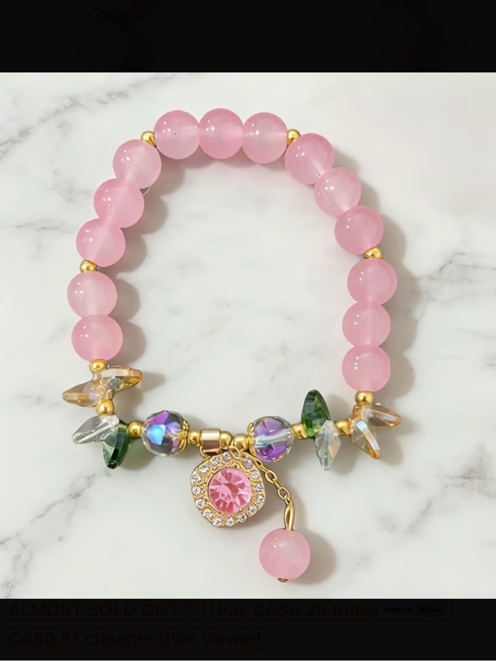 ⭐️ Pink Beaded Charm Stretch Bracelet with Crystal Accents